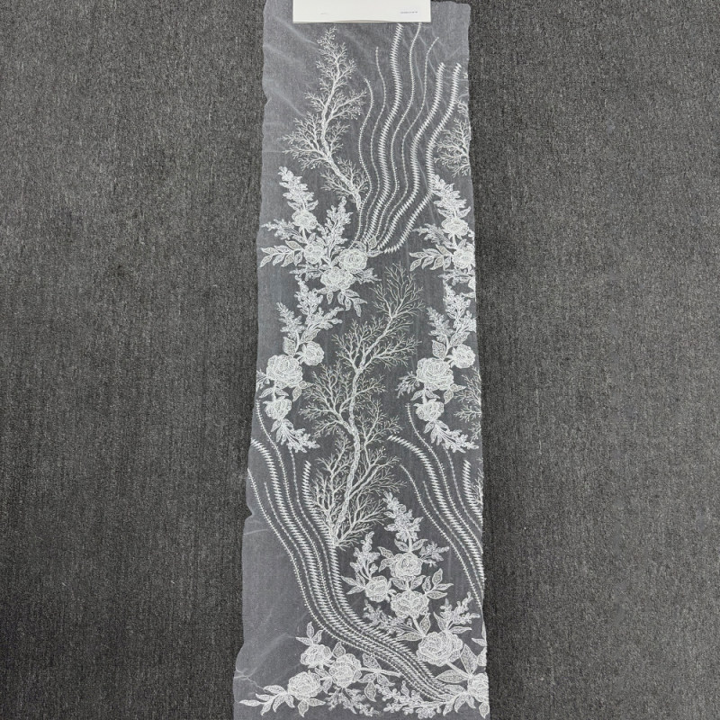 GCW-QCUV120745 | Silver Beaded Floral Vine Black Tulle Lace | Trailing Sequin Evening Fabric